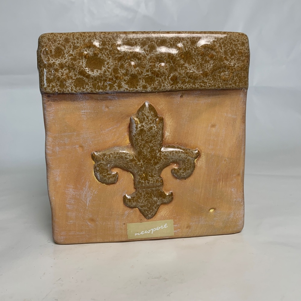 Newport Tissue Box Cover Fleur De Lis Terracotta Brown Ceramic Heavy EUC